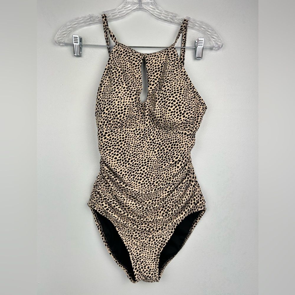 Ellen Tracy High Neck Keyhole Slimming Tummy Control Animal Print & Wheat Sz 8